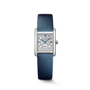 Questa è l'immagine frontale dell'orologio longines mini dolcevita con quadrante con diamanti, bracciale pelle e movimento al quarzo