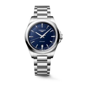 Questa è l'immagine frontale dell'orologio longines conquest con quadrante blu, cassa di mm 38 e movimento al quarzo
