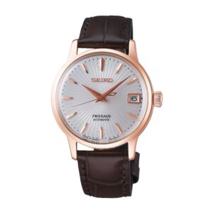Questa è l'immagine frontale dell'orologio seiko presagecon cassa di mm 34, bracciale pelle e movimento automatico