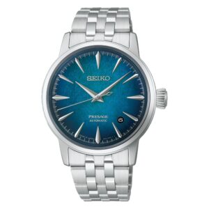 Questa è l'immagine frontale dell'orologio seiko presage cocktail con quadrante blu sfumato