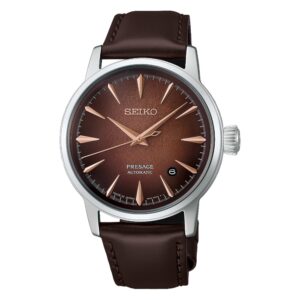 Questa è l'immagine frontale dell'orologio seiko presage cocktail con quadrante marrone sfumato e cinturino pelle