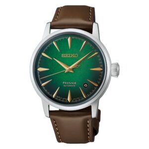 Questa è l'immagine frontale dell'orologio seiko presage cocktail con quadrante verde sfumato e cinturino pelle