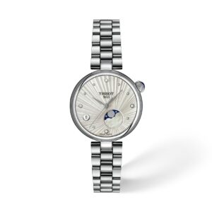 Questa è l'immagine frontale dell'orologio tissot desir moonphase quarzo con quadrante argento e cassa di mm 29,6