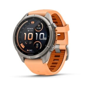 Questa è l'immagine frontale dell'orologio garmin fenix 9 pro con cassa di mm 43 titanio con cinturino shell pink