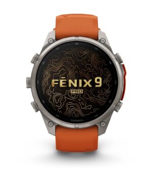 Questa è l'immagine frontale dell'orologio garmin fenix 9 pro Titanio con cinturino in silicone Autumn Orange e cassa di mm 47