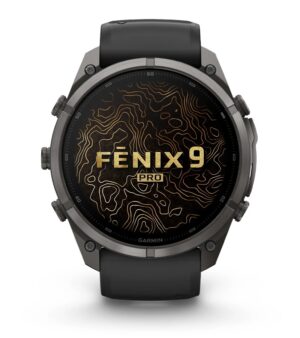 Questa è l'immagine frontale dell'orologio garmin fenix 9 pro Titanio DLC Carbon Gray con cinturino in silicone Black e cassa di mm 51