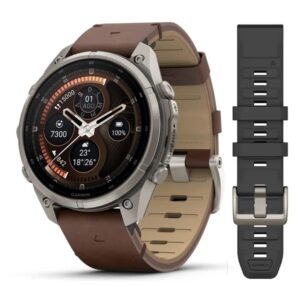 Questa è l'immagine frontale dell'orologio garmin fenix 9 pro con cassa di mm 47 e doppio cinturino (1 silicone e 1 pelle)