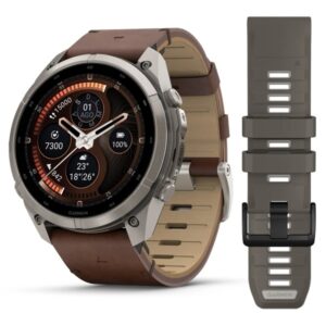 Questa è l'immagine frontale dell'orologio garmin fenix 9 pro con cassa di mm 51 e doppio cinturino (1 silicone e 1 pelle)