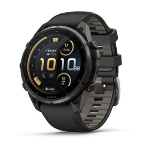 Questa è l'immagine frontale dell'orologio garmin fenix 9 pro Titanio DLC Carbon Gray con cinturino in silicone Black e cassa di mm 47