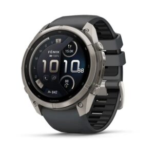 Questa è l'immagine frontale dell'orologio garmin fenix 9 pro Titanio con cinturino in silicone graphite e cassa di mm 51