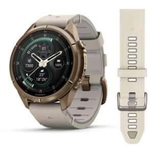 Questa è l'immagine frontale dell'orologio garmin fenix 9 pro con cassa di mm 43 con doppio cinturino (1 in pelle e 1 in silicone)