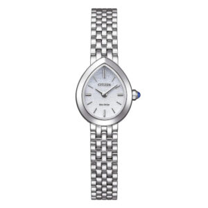 Questa è l'immagine frontale dell'orologio citizen lady con quadrante bianco sfumato e cassa a goccia di mm 19,7