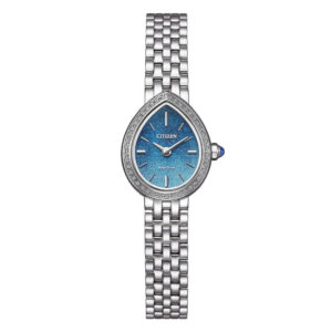 Questa è l'immagine frontale dell'orologio citizen lady con quadrante blu sfumato e cassa a goccia di mm 19,7 con diamantini. orologio in edizione limitata a 3500 pezzi