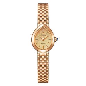 Questa è l'immagine frontale dell'orologio citizen lady con quadrante rosa sfumato, pvd oro rosa e cassa a goccia di mm 19,7