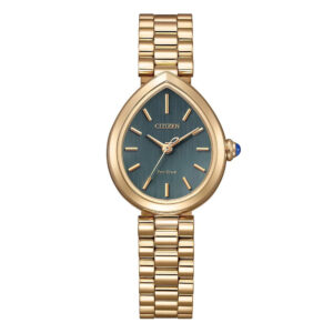 Questa è l'immagine frontale dell'orologio citizen con quadrante verde, realizzato in pvd oro rosa e cassa di mm 31 con movimento eco drive e vetro zaffiro