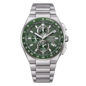 Questa è l'immagine frontale dell'orologio citizen radiocontrollato h804 in titanio con quadrante verde