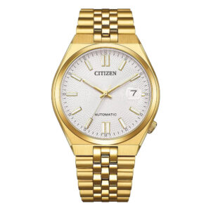 Questa è l'immagine frontale dell'orologio citizen tsuyosa con quadrante bianco, cassa di mm 40 e pvd oro giallo. orologio in edizione limitata 600 pezzi