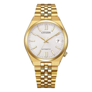 Questa è l'immagine frontale dell'orologio citizen tsuyosa con quadrante bianco, cassa di mm 37 e pvd oro giallo