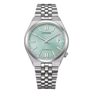 Questa è l'immagine frontale dell'orologio citizen tsuyosa con quadrante verde chiaro cassa di mm 37 con movimento automatico