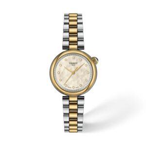Questa è l'immagine frontale dell'orologio tissot desir con cassa di mm 28, quadrante in madreperla e diamanti con movimento al quarzo, realizzato in acciaio e acciaio con pvd oro giallo