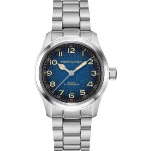 Questa è l'immagine freontale dell'orologio hamilton khaki field murph con quadrante blu