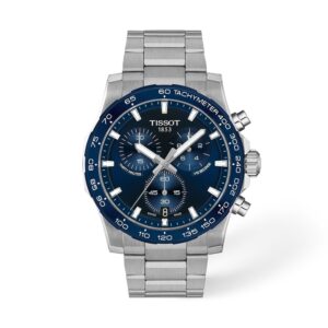 Questa è l'immagine frontale dell'orologio tissot supersport chrono con quadrante blu, cassa di mm 42 e movimento al quarzo