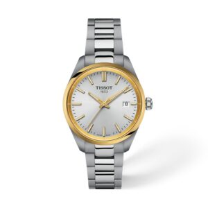 Questa è l'immagine frontale dell'orologio tissot pr 100 con quadrante argento, cassa di mm 34 acciaio e acciaio pvd oro giallo
