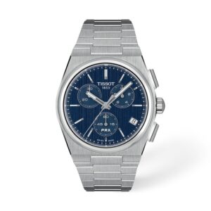 Questa è l'immagine frontale dell'orologio tissot prx con quadrante blu, chrono cassa di mm 41 e movimento al quarzo