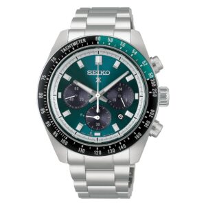 Questa è l'immagine frontale dell'orologi seik prospex speedtimer chrono solar con quadrante verde e nero e movimento al quarzo