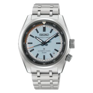 Questa è l'immagine frontale dell'orologio seiko prospex speedtimer con quadrante azzurro e movimento automatico