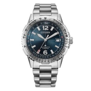Questa è l'immagine frontale dell'orologio Citizen Navihawk Automatic con quadrante blu