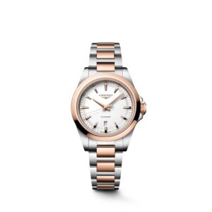 Questa è l'immagine frontale dell'orologio longines conquest con movimento al quarzo, cassa di mm 30 e realizzato in acciaio e acciaio rivestito in pvd rosso