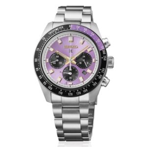 Questa è l'immagine frontale dell'orologio seiko Prospex SPEEDTIMER solar 145th Anniversary Limited Edition a 8000 pezzi nella colorazione viola edo