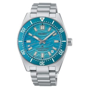 Questa è l'immagine frontale dell'orologio SEIKO Prospex 1965 Heritage Diver's Fan-Selected Limited Edition di colore azzurro