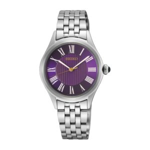 Questa è l'immagine frontale dell'orologio SEIKO Classic Quarzo 3 sfere di colore viola
