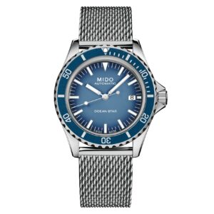 Questa è l'immagine frontale dell'orologio MIDO Ocean Star Tribute nella colorazione blu sfumato