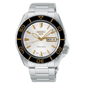 Questa è l'immagine frontale dell'orologio SEIKO 5 sports nella colorazione argento